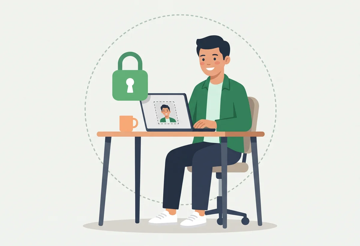 An illustrated person editing their passport portrait on a laptop, inside a dashed circle with a padlock: it stays on their computer.